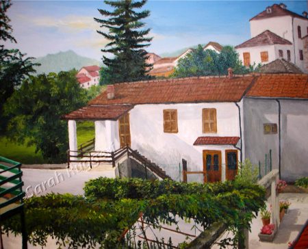 painting called courtyard in isola, italy
